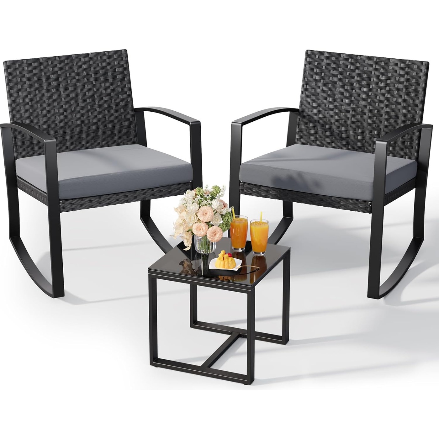 3 Piece Rattan Patio Bistro Set Grey Cushion Outdoor Furniture
