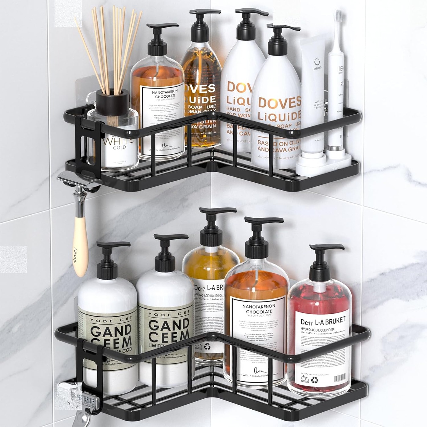 YASONIC 2-Pack Corner Shower Caddy No Drill Adhesive Rustproof Black